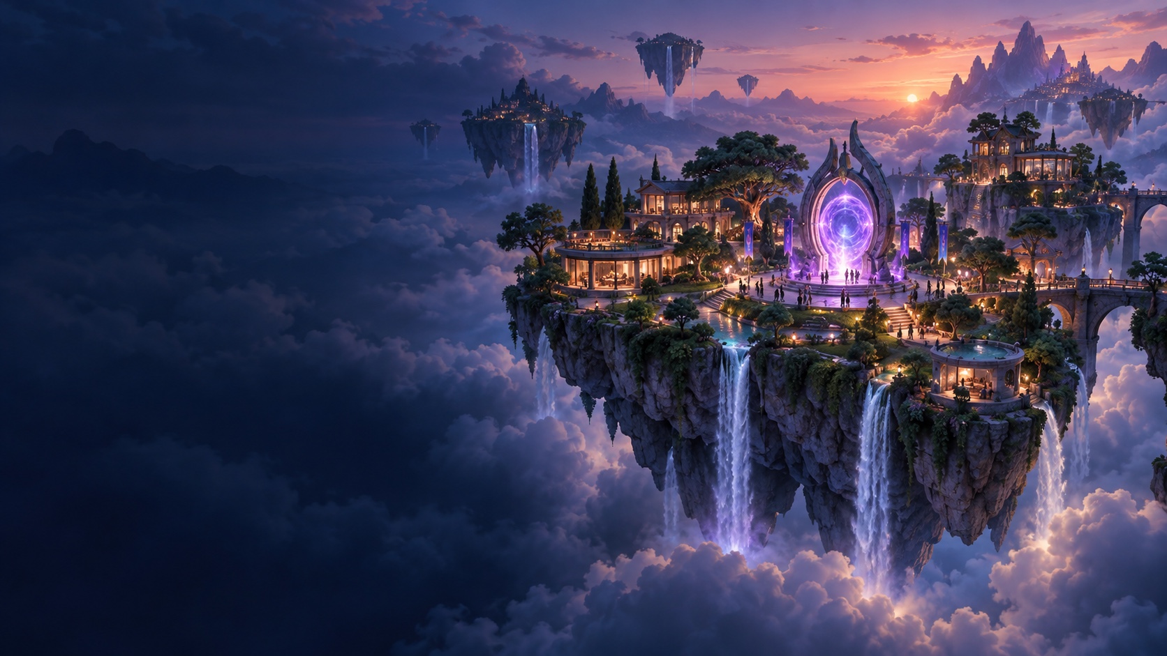 An imagined floating village with illuminated homes, waterfalls and a violet portal