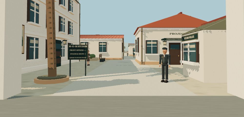The MGM studio entrance, with period buildings and a studio guard.